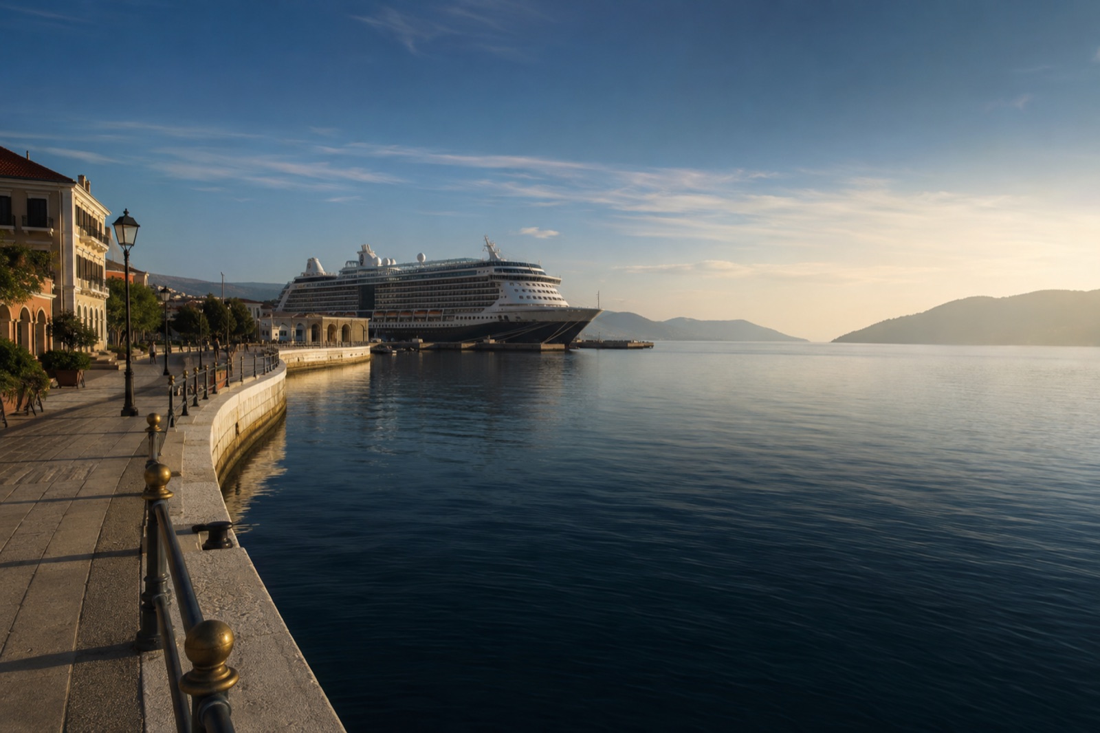Ein Kreuzfahrtschiff liegt an einem sonnigen Hafen, während der Hafentag beginnt.
