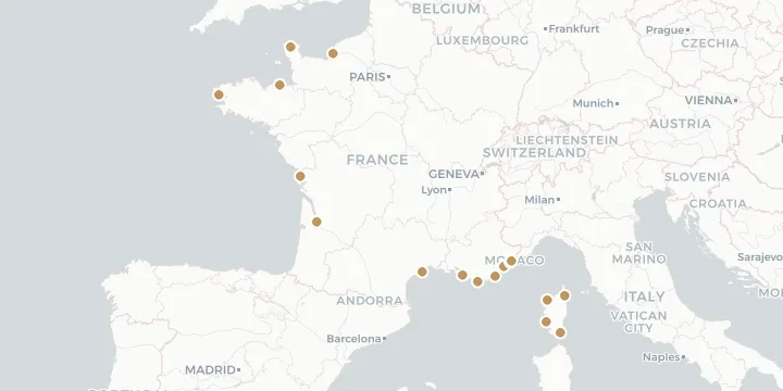 Karte der Kreuzfahrthäfen in Frankreich mit 17 Anlegern